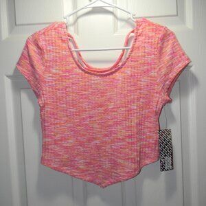 Almost Famous Pink Cropped Tee Asymmetrical Hem V Hem Back Detail Sz L NWT